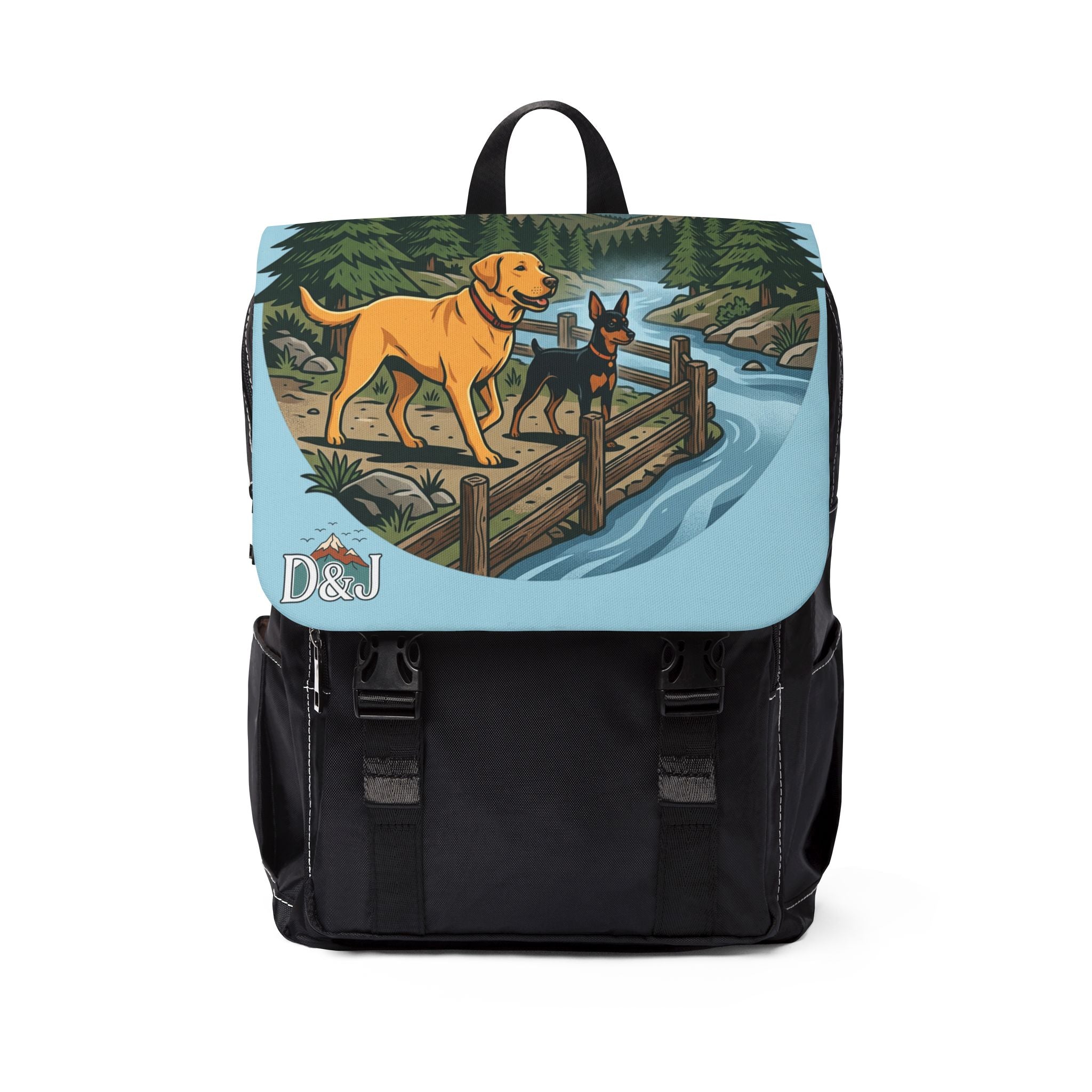 Hiking Dogs Shoulder Backpack – Scenic River Trail Print