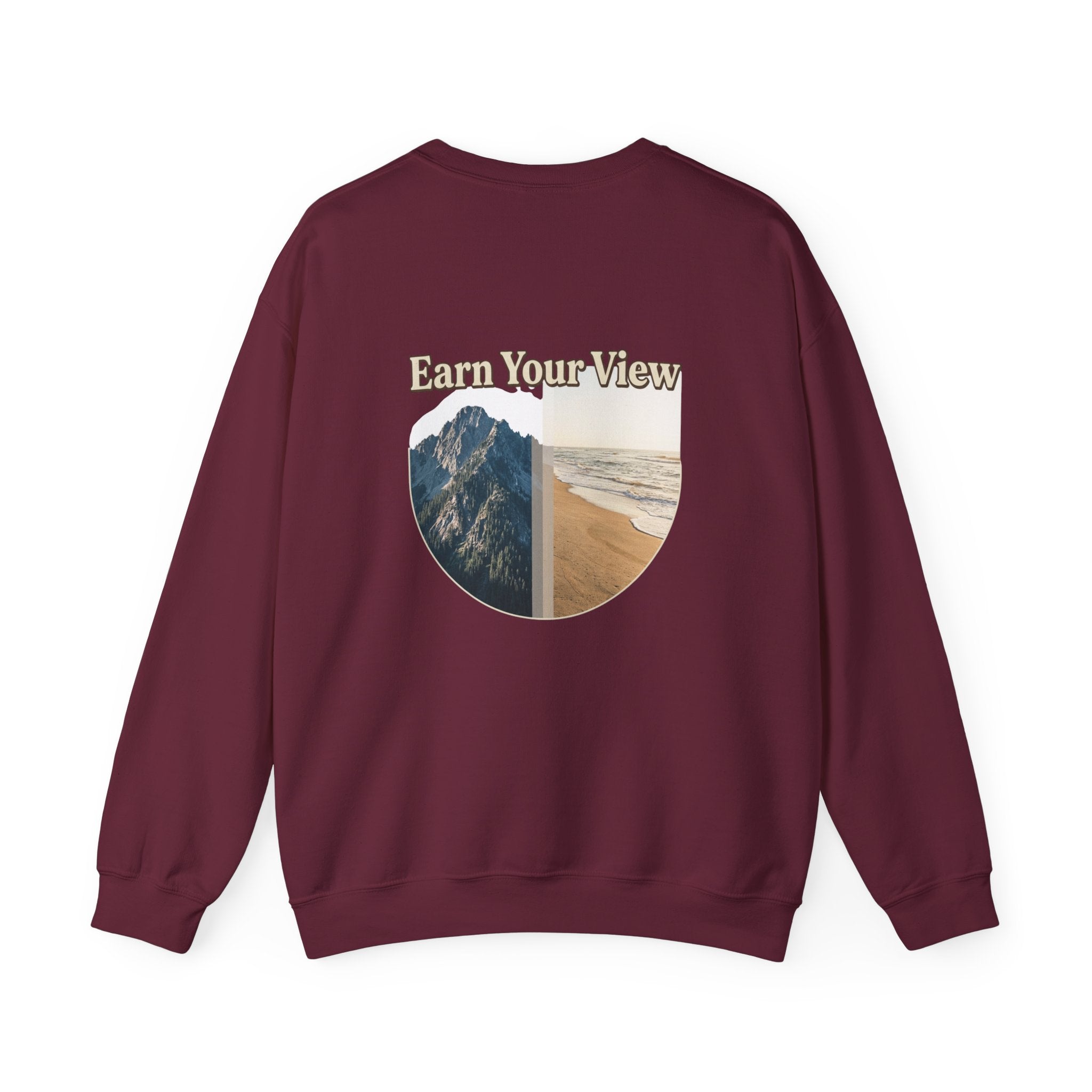 Crewneck Sweatshirt — "Earn Your View" Scenic Mountain & Beach Graphic