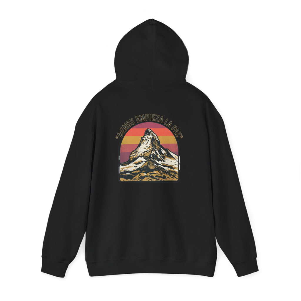 Mountain Sunset Hoodie — "Donde Entra la Paz" Retro Travel Graphic