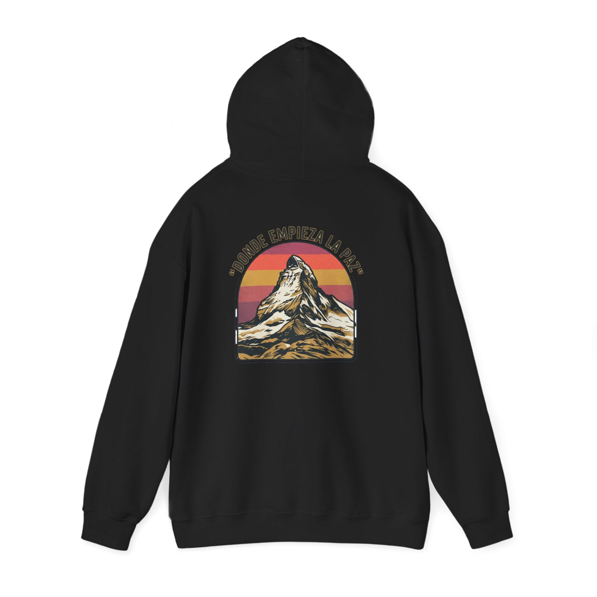 Mountain Sunset Hoodie — "Donde Entra la Paz" Retro Travel Graphic