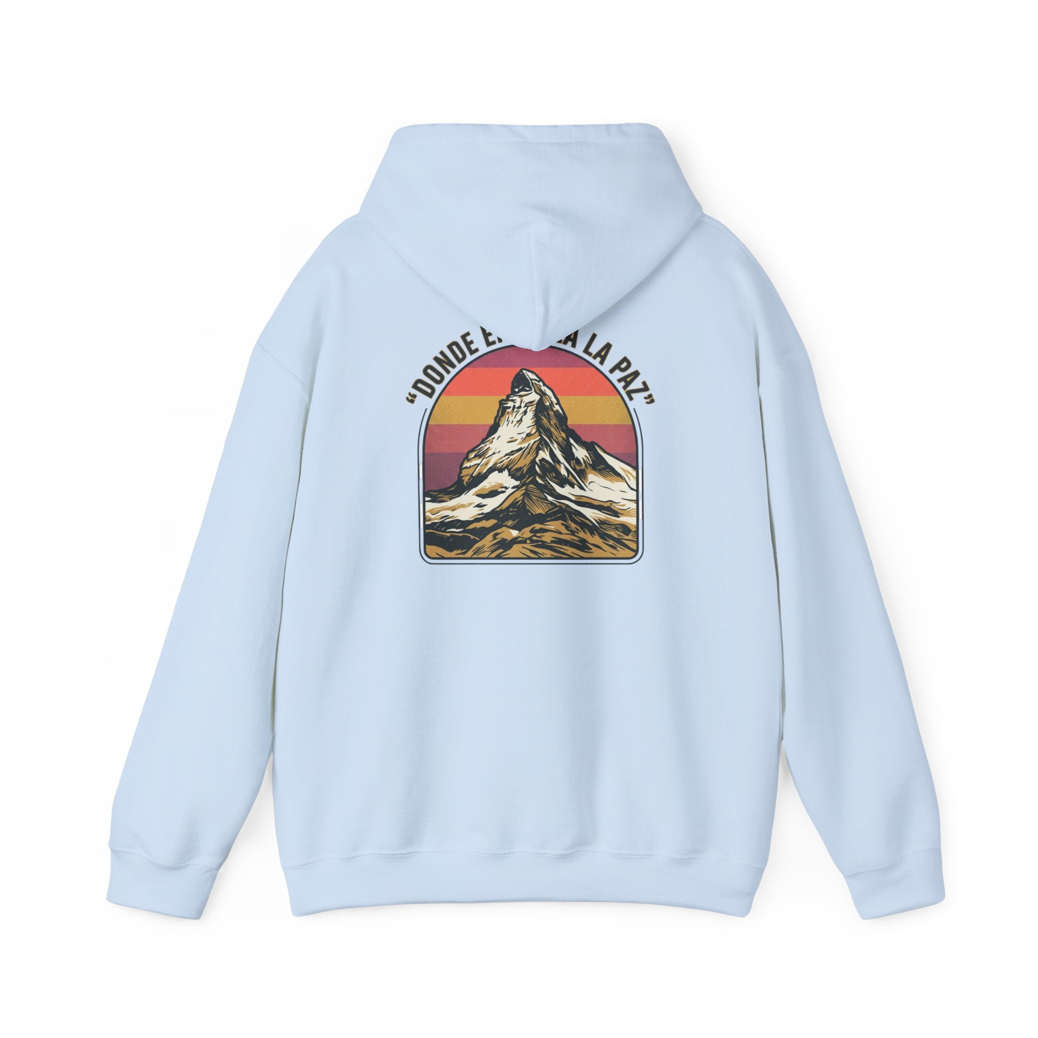Mountain Sunset Hoodie — "Donde Entra la Paz" Retro Travel Graphic