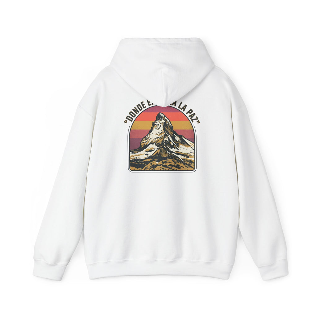 Mountain Sunset Hoodie — "Donde Entra la Paz" Retro Travel Graphic
