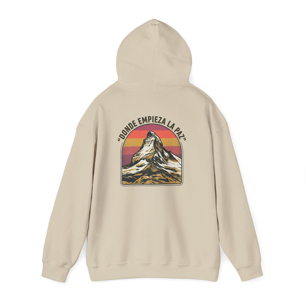 Mountain Sunset Hoodie — "Donde Entra la Paz" Retro Travel Graphic