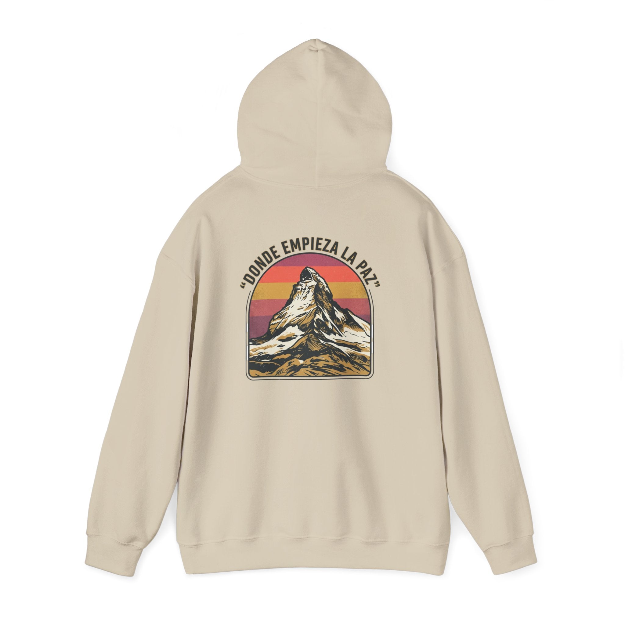 Mountain Sunset Hoodie — "Donde Entra la Paz" Retro Travel Graphic