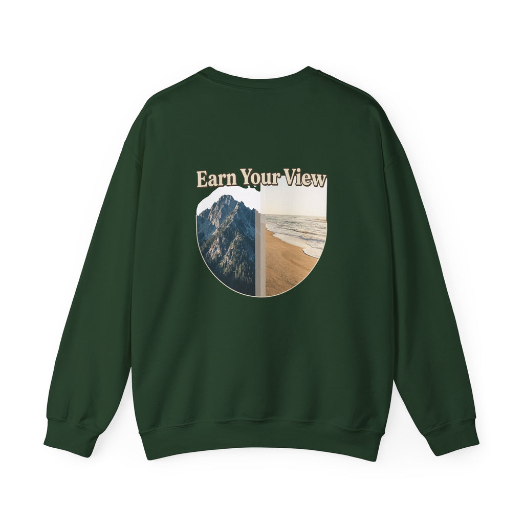 Crewneck Sweatshirt — "Earn Your View" Scenic Mountain & Beach Graphic
