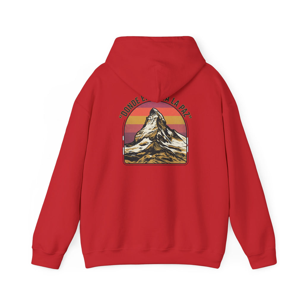 Mountain Sunset Hoodie — "Donde Entra la Paz" Retro Travel Graphic