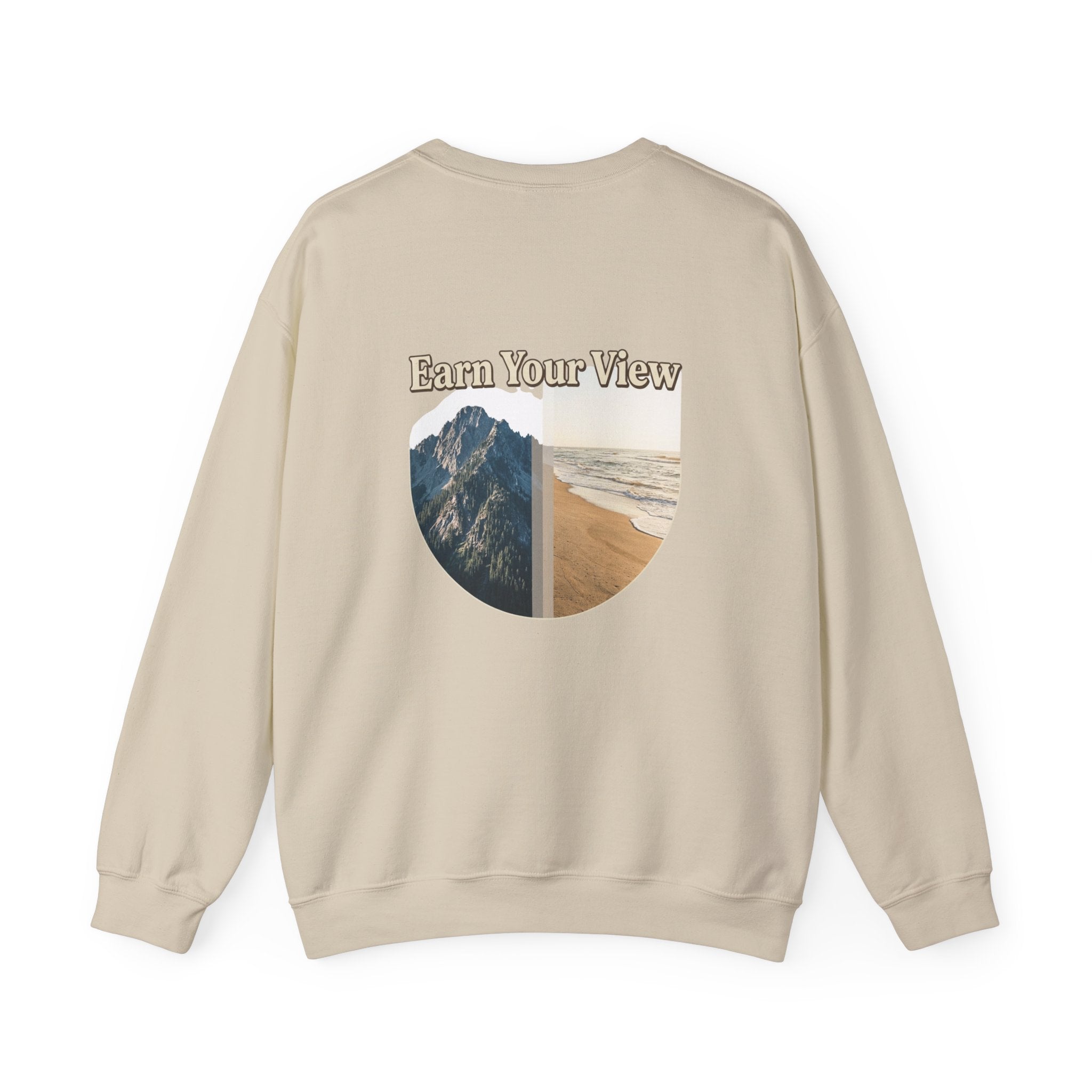 Crewneck Sweatshirt — "Earn Your View" Scenic Mountain & Beach Graphic