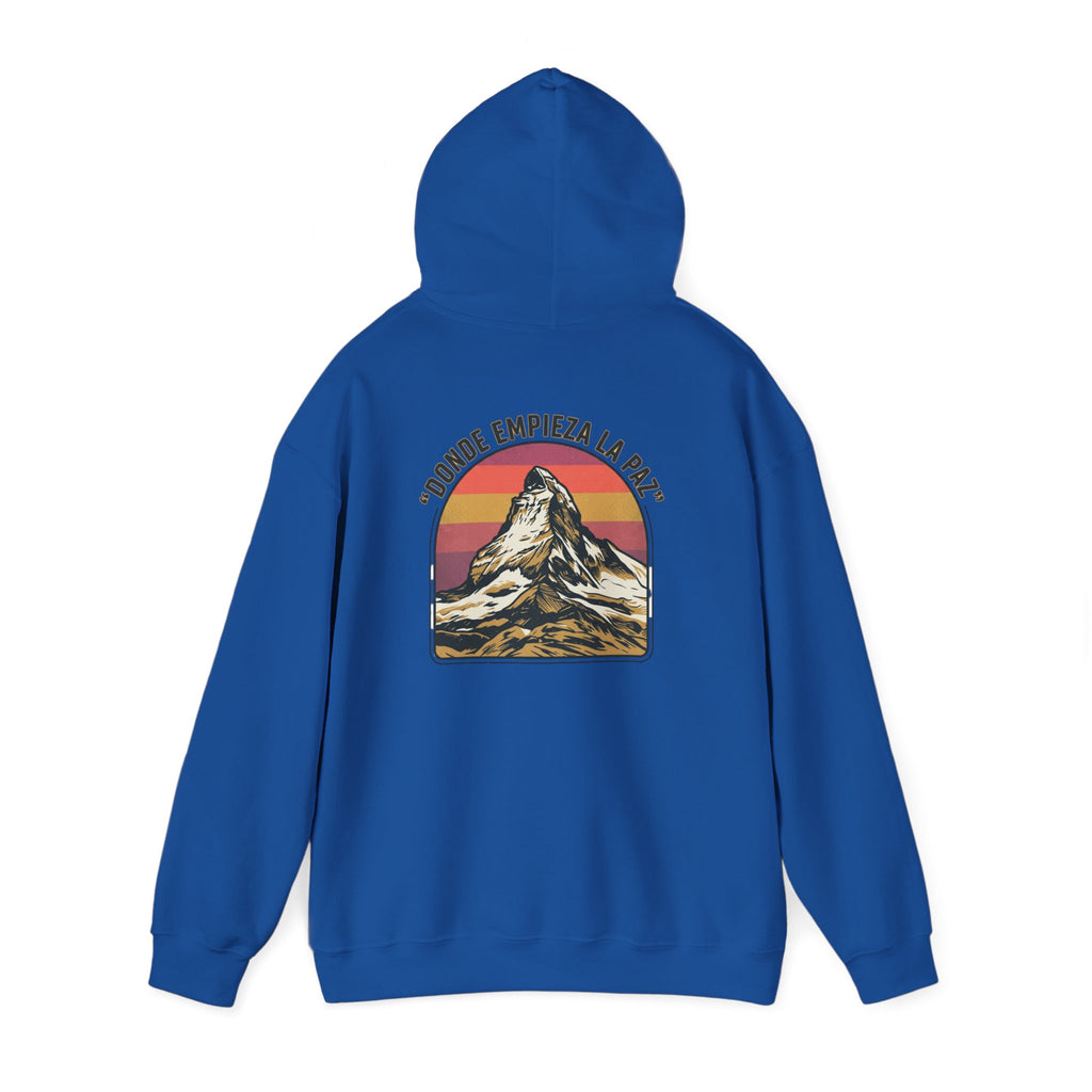 Mountain Sunset Hoodie — "Donde Entra la Paz" Retro Travel Graphic