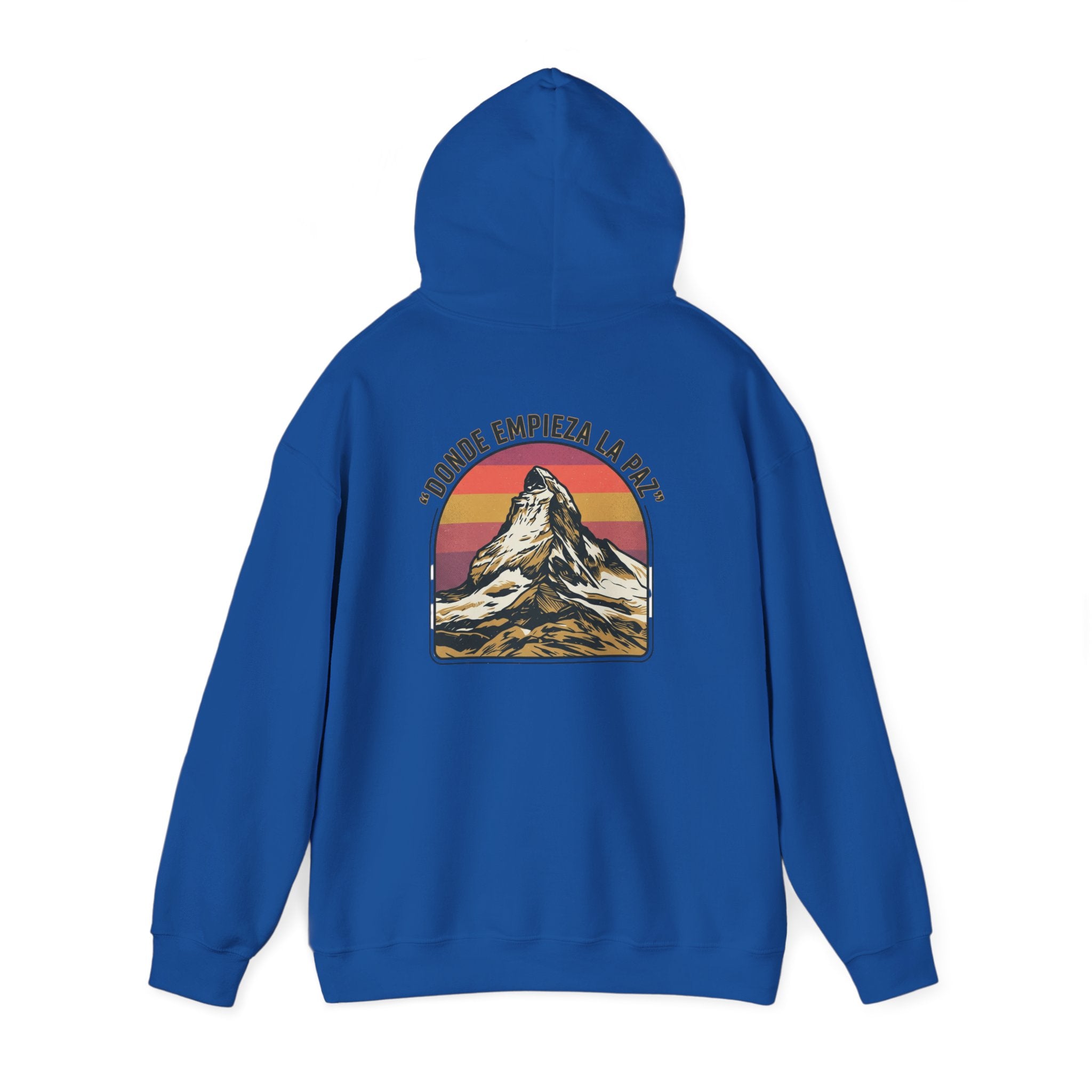 Mountain Sunset Hoodie — "Donde Entra la Paz" Retro Travel Graphic