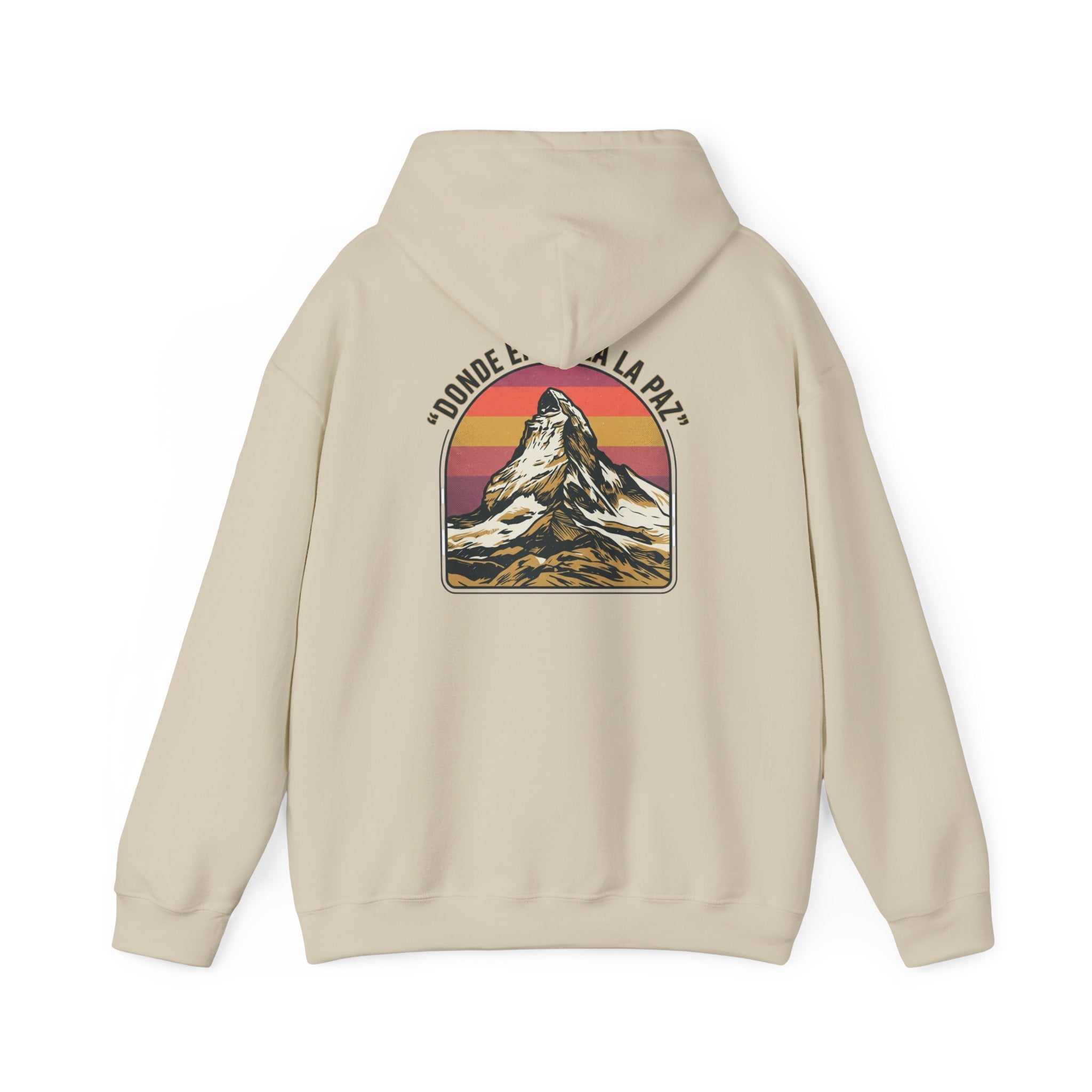 Mountain Sunset Hoodie — "Donde Entra la Paz" Retro Travel Graphic