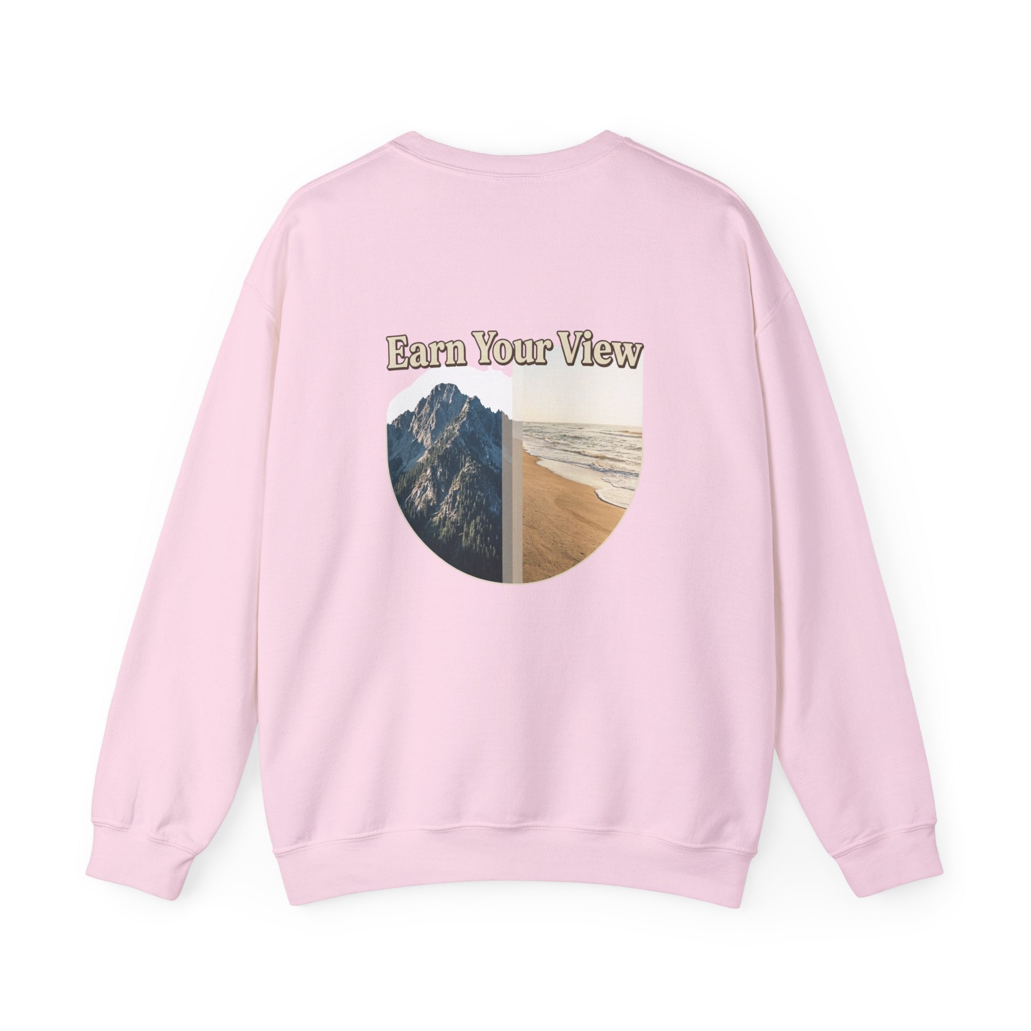 Crewneck Sweatshirt — "Earn Your View" Scenic Mountain & Beach Graphic