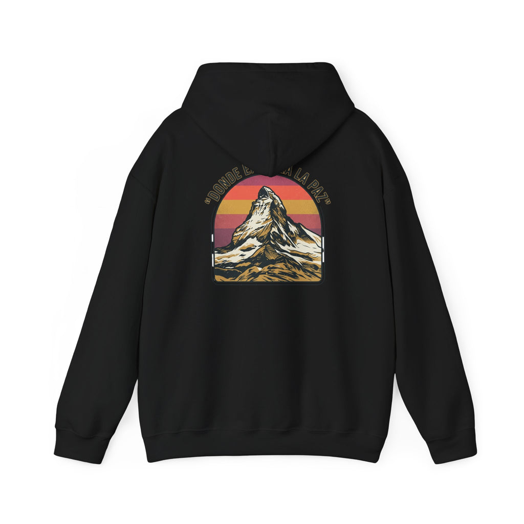 Mountain Sunset Hoodie — "Donde Entra la Paz" Retro Travel Graphic