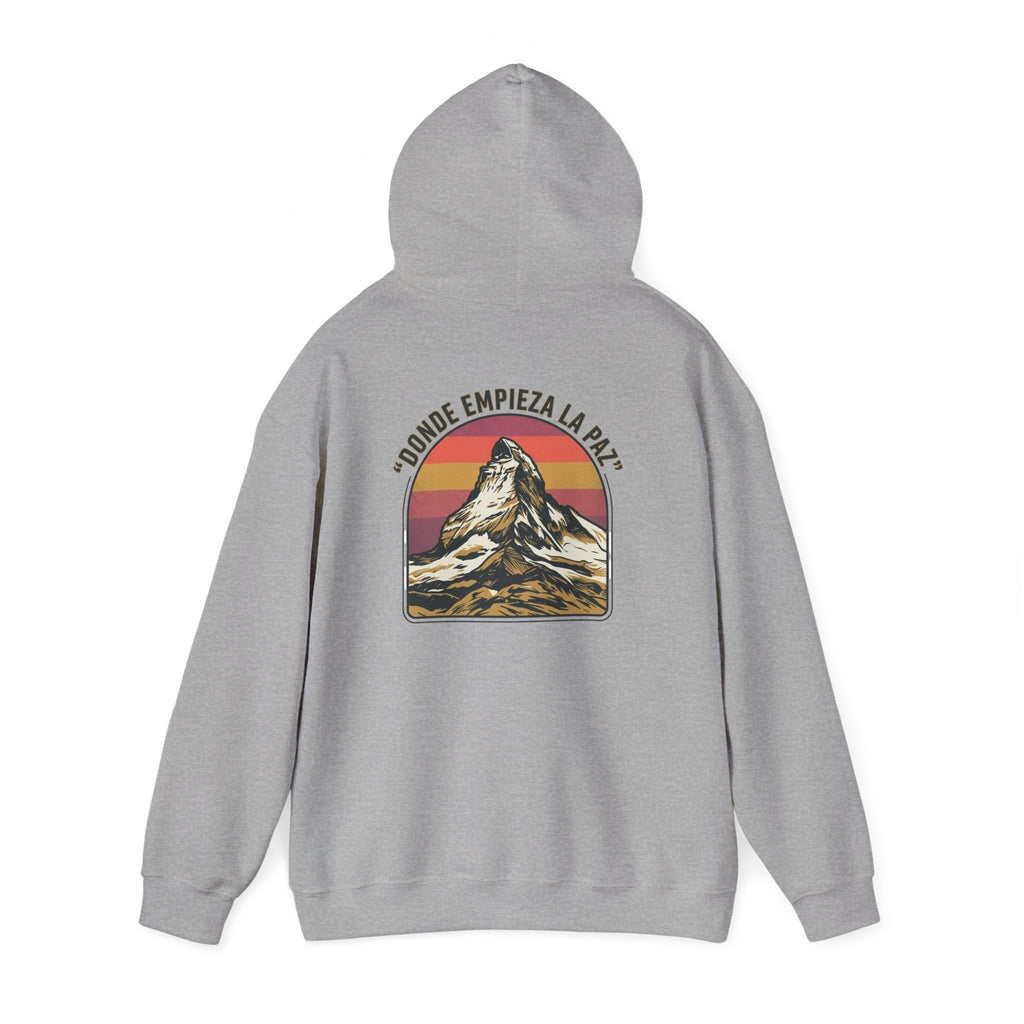 Mountain Sunset Hoodie — "Donde Entra la Paz" Retro Travel Graphic