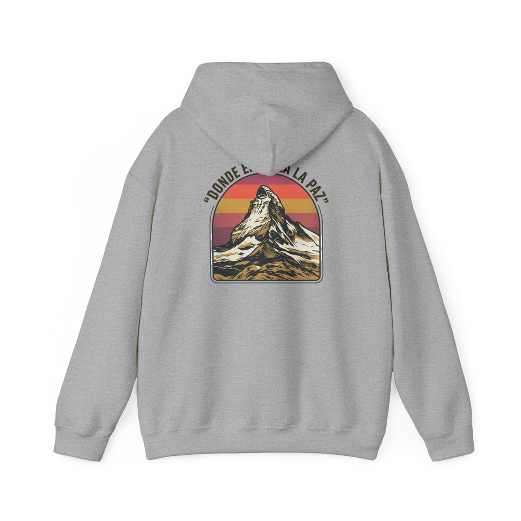 Mountain Sunset Hoodie — "Donde Entra la Paz" Retro Travel Graphic