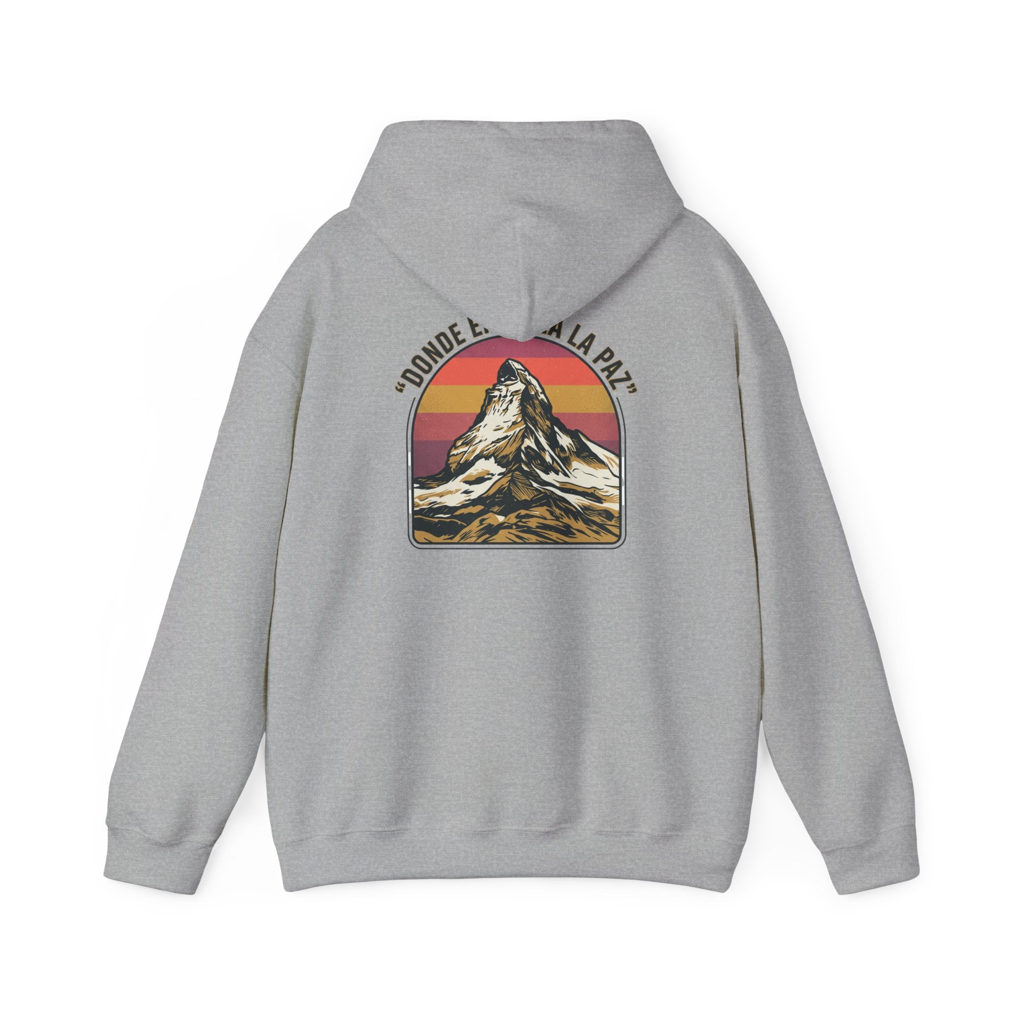Mountain Sunset Hoodie — "Donde Entra la Paz" Retro Travel Graphic
