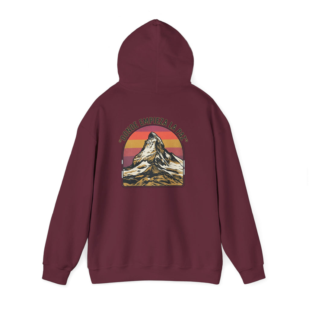 Mountain Sunset Hoodie — "Donde Entra la Paz" Retro Travel Graphic