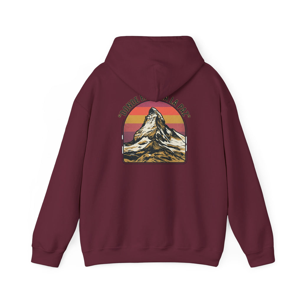 Mountain Sunset Hoodie — "Donde Entra la Paz" Retro Travel Graphic