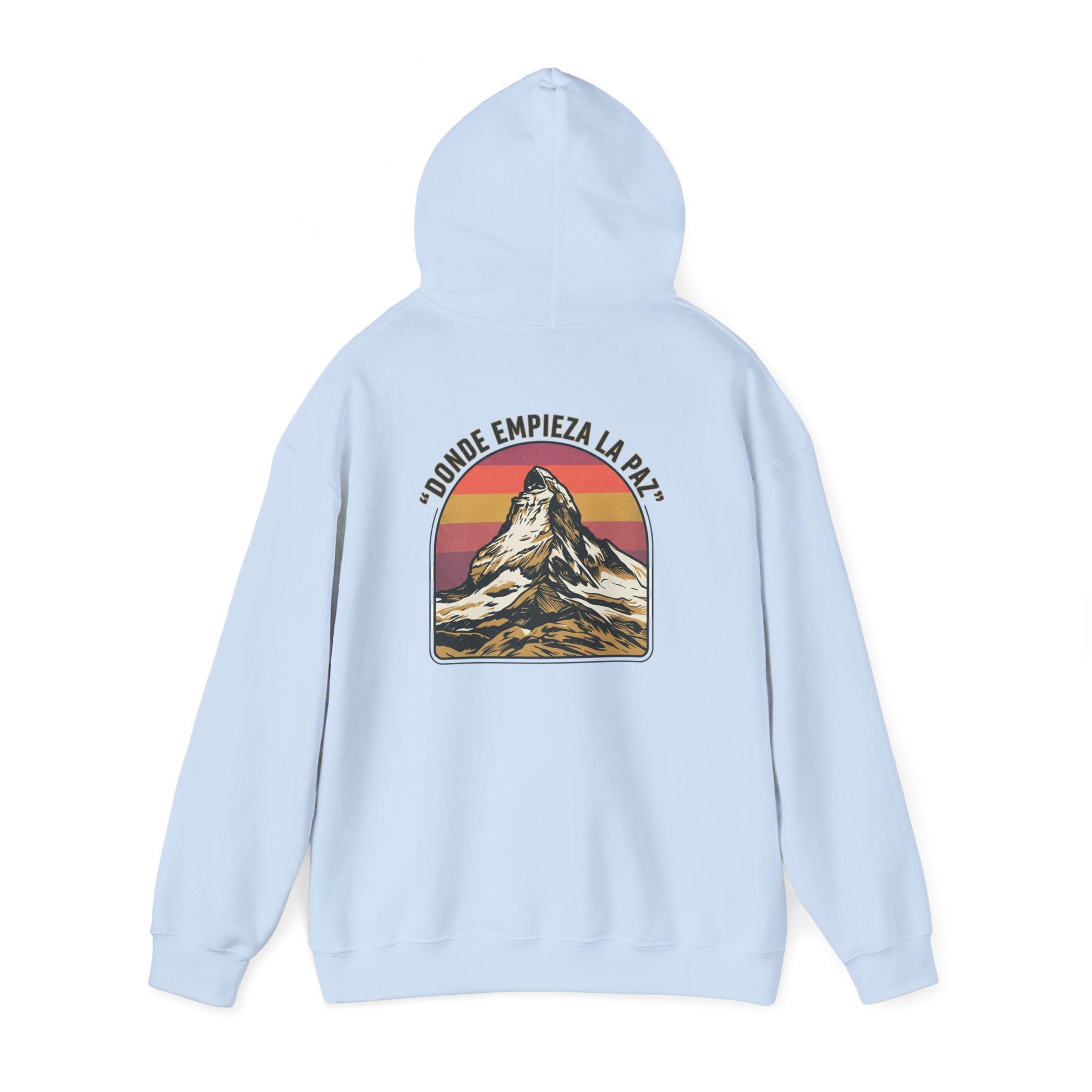 Mountain Sunset Hoodie — "Donde Entra la Paz" Retro Travel Graphic