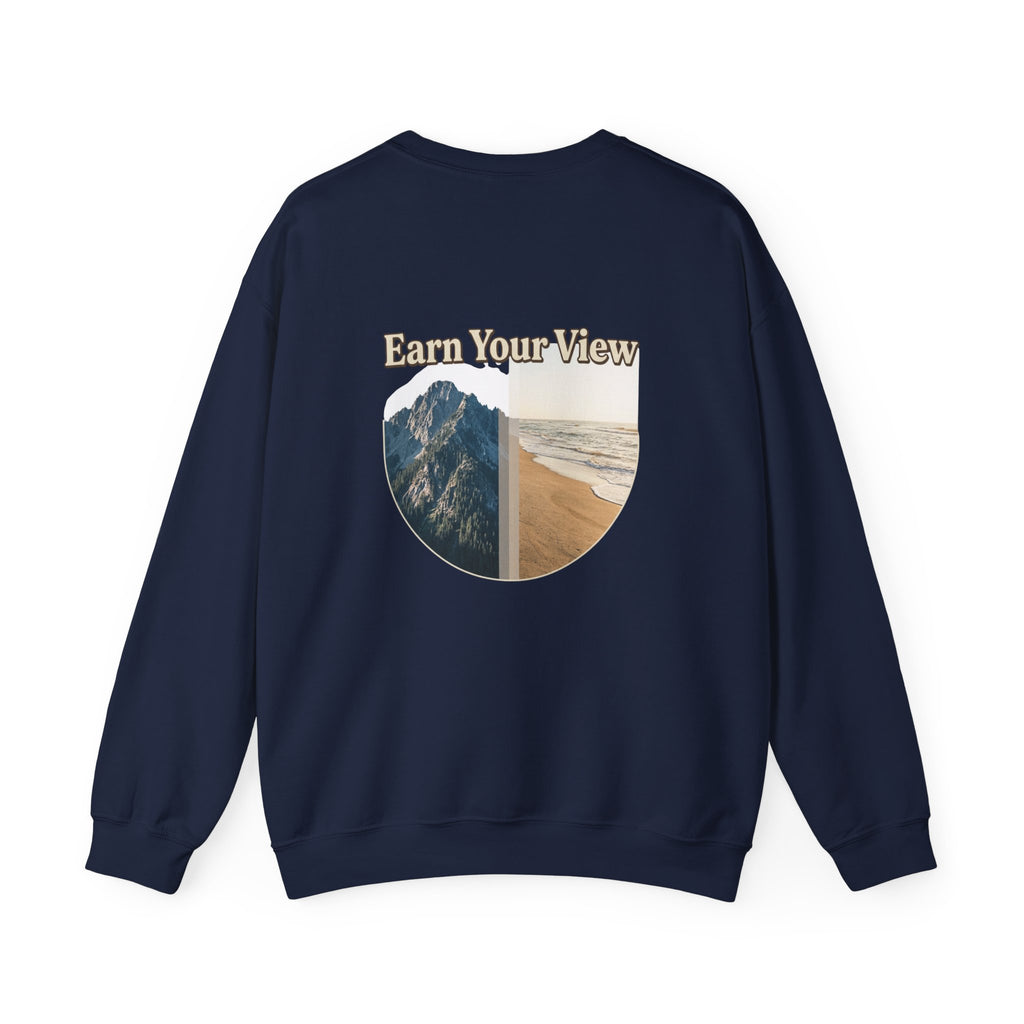 Crewneck Sweatshirt — "Earn Your View" Scenic Mountain & Beach Graphic