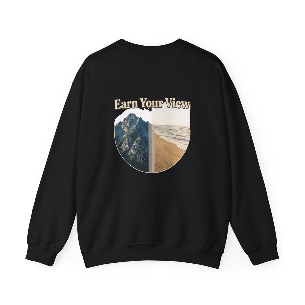 Crewneck Sweatshirt — "Earn Your View" Scenic Mountain & Beach Graphic