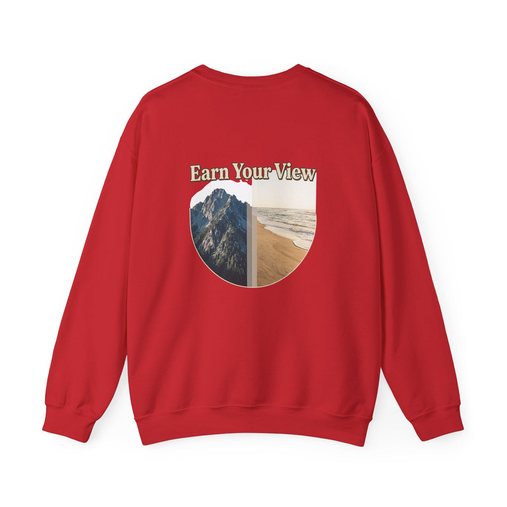 Crewneck Sweatshirt — "Earn Your View" Scenic Mountain & Beach Graphic