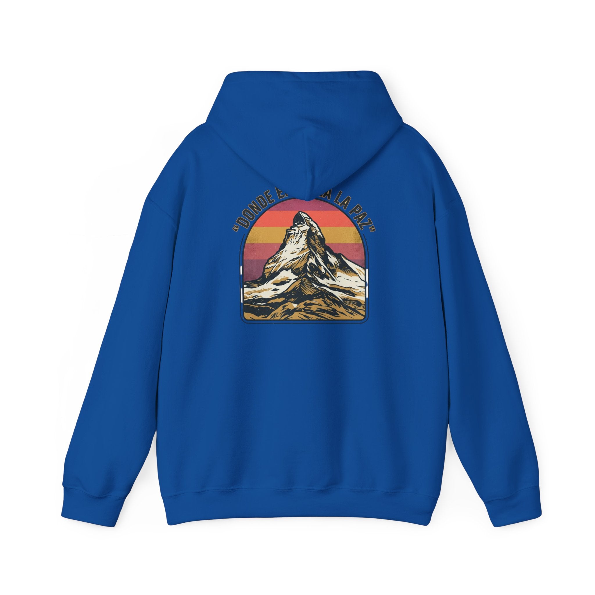 Mountain Sunset Hoodie — "Donde Entra la Paz" Retro Travel Graphic