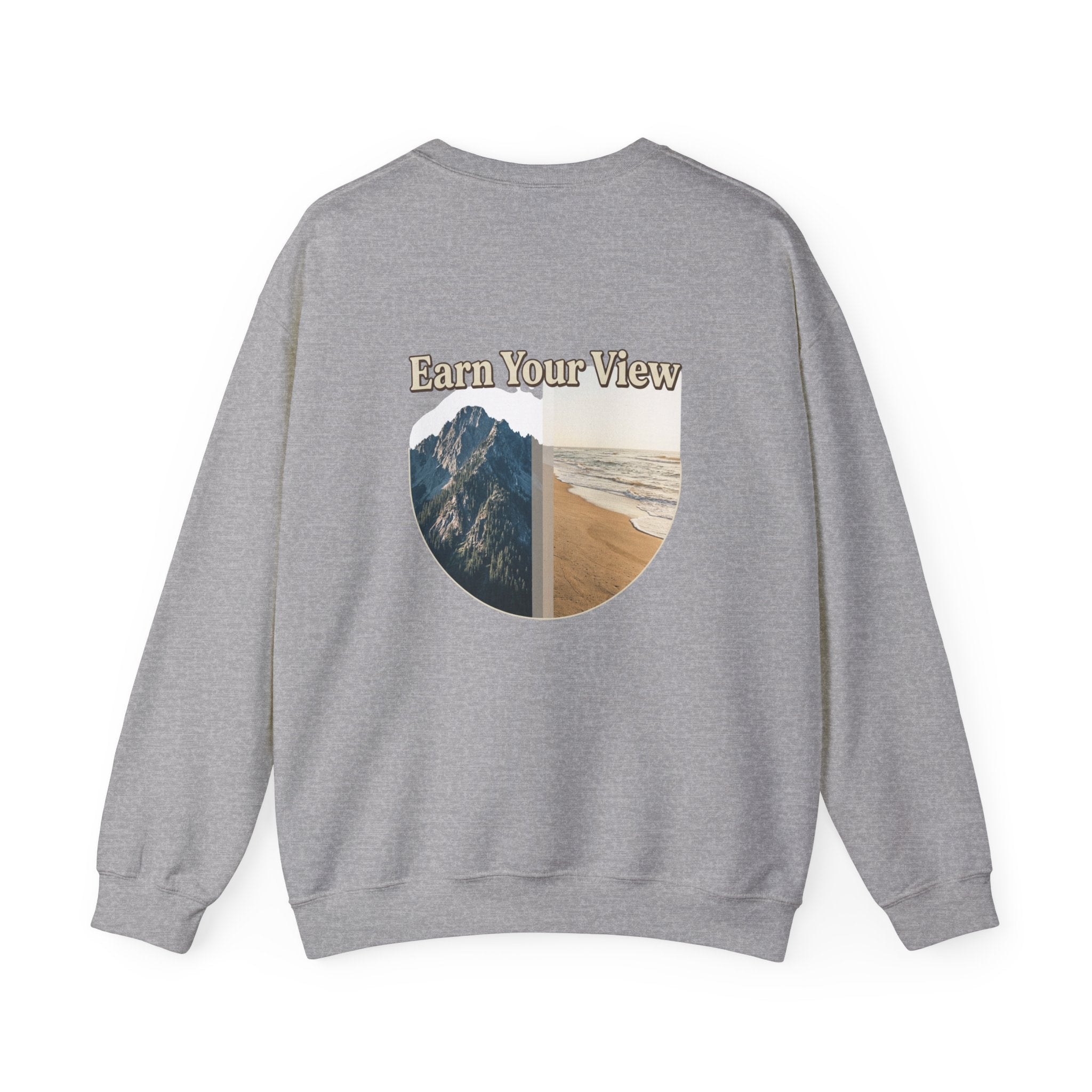 Crewneck Sweatshirt — "Earn Your View" Scenic Mountain & Beach Graphic