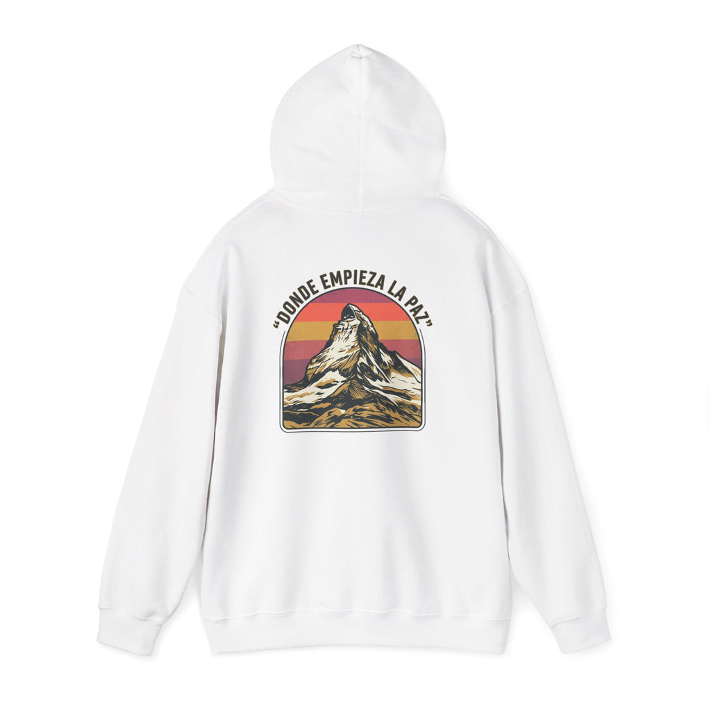 Mountain Sunset Hoodie — "Donde Entra la Paz" Retro Travel Graphic
