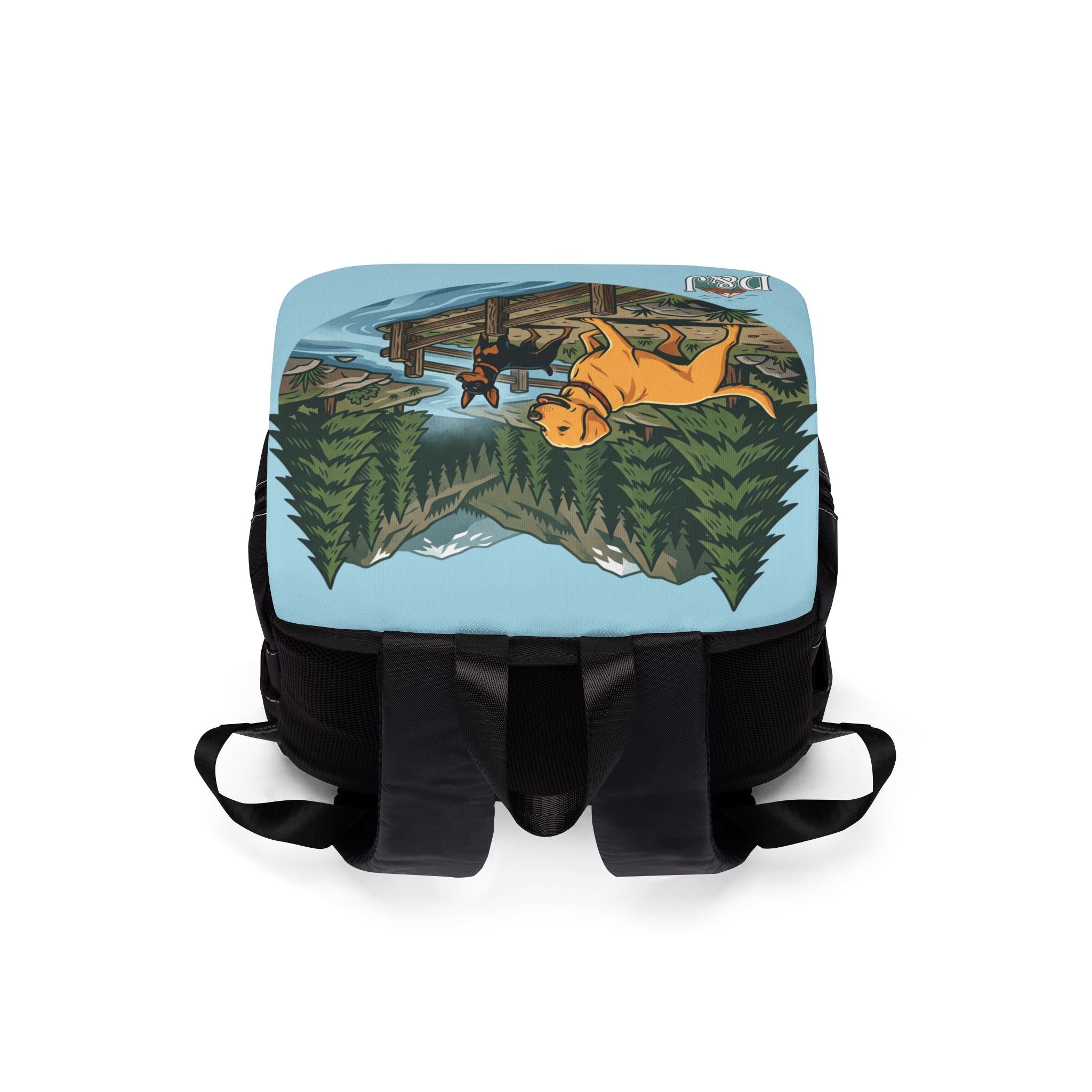 Hiking Dogs Shoulder Backpack – Scenic River Trail Print