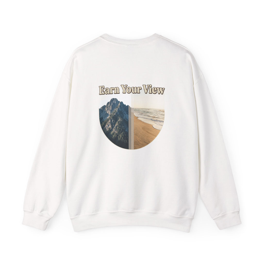 Crewneck Sweatshirt — "Earn Your View" Scenic Mountain & Beach Graphic